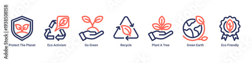 Planet Action web banner icon vector illustration featuring Protect The Planet,Eco Activism,Go Green,Recycle,Plant A Tree,Green Earth,and Eco Friendly icons promoting global action.