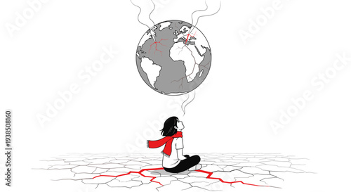 Woman sitting on cracked earth with globe above her head.