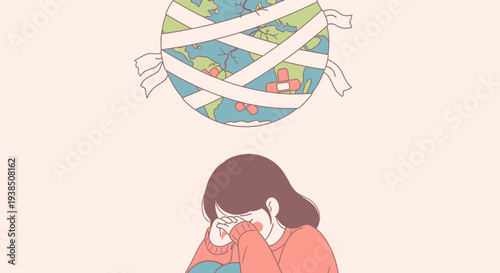 Woman holding baby with globe wrapped in bandages above them.