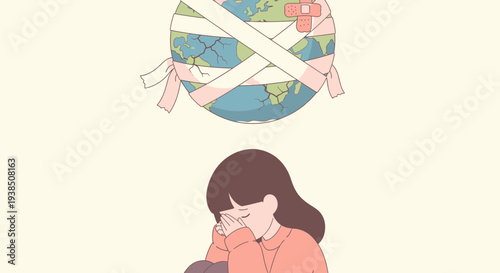 Illustration of a woman mourning with a bound Earth above her.