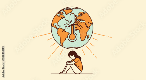 Woman suffering from global warming with rising temperature.