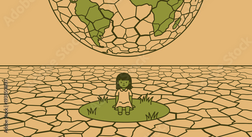 Illustration of a child sitting on a small patch of greenery surrounded by dry cracked earth with a globe above.