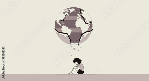 A person sitting on the ground with a globe floating above their head.