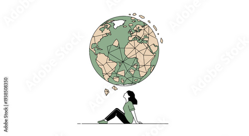 Woman sitting under a globe with continents breaking apart.