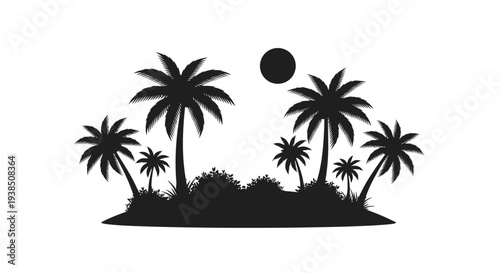 Tropical Island Silhouette with Palm Trees and Moon.
