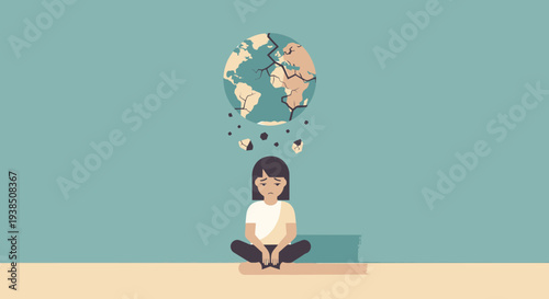 Woman meditating with a globe above her head symbolizing global peace and harmony.
