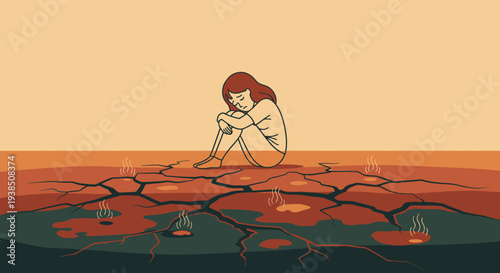Woman sitting on dry cracked earth with despair.