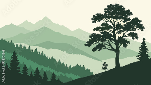 A majestic tree stands tall against a backdrop of misty mountains and a lush forest. Vector