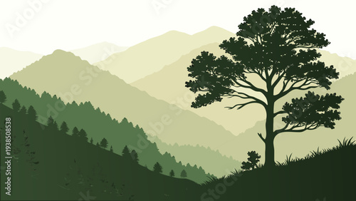 A solitary tree stands tall against a backdrop of rolling green mountains. Vector