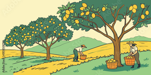 A scenic landscape featuring a vast field with scattered trees and a clear blue sky. Vector