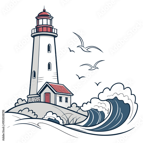 A picturesque lighthouse standing tall on a rocky shore with waves crashing nearby. Vector