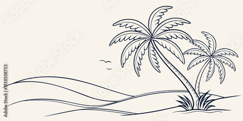 A serene beach scene with palm trees and gentle waves under a clear sky Vector