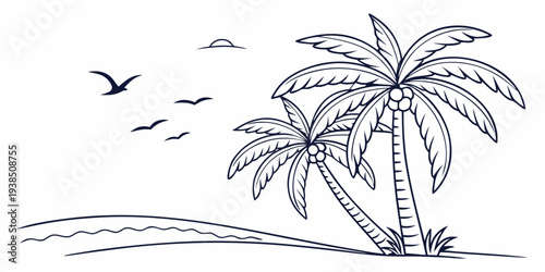 Three birds flying over a tropical beach with palm trees and waves Vector