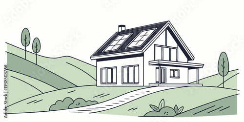 A charming house with a red roof nestled on a lush green hillside Vector