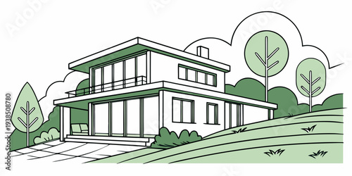 A modern house with a large yard and a tree in the background. Vector