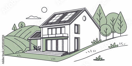 A charming house with a garden and a large tree in the front yard Vector