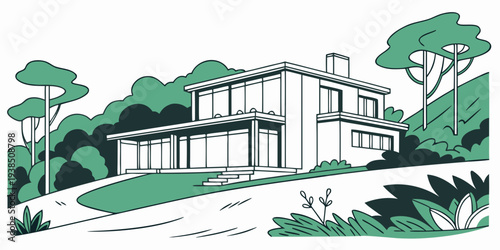 A charming two-story house with a welcoming front porch and lush greenery Vector