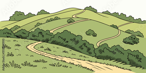 A picturesque landscape of rolling green hills with a clear blue sky. Vector