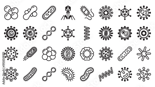 Variety of Black Outline Microorganism Icons Representing Viruses and Bacteria