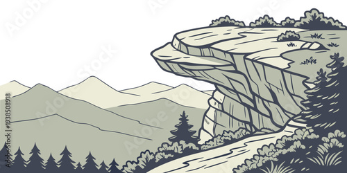 A serene landscape with a winding river flowing through lush greenery and towering mountains. Vector