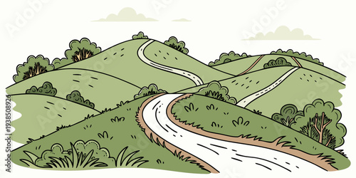 A picturesque winding road through a lush, green countryside landscape with rolling hills Vector