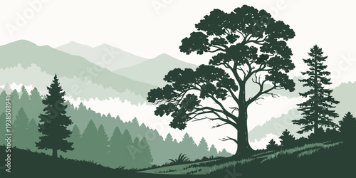 A majestic tree standing tall amidst a serene, misty forest landscape Vector
