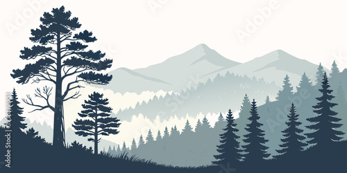 A serene landscape of tall trees and majestic mountains under a clear sky Vector
