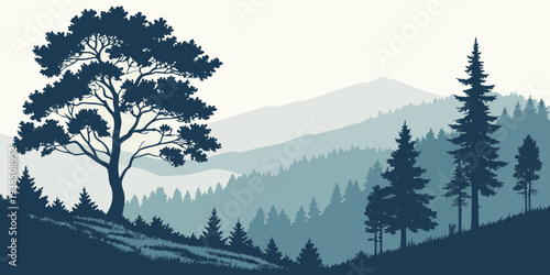 A serene landscape of tall trees overlooking a vast mountain range under a clear sky. Vector