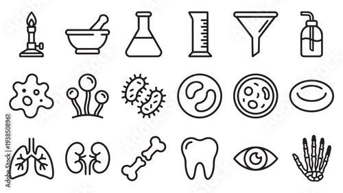 Comprehensive Set of Black Outline Science and Biology Icons for Education and Research
