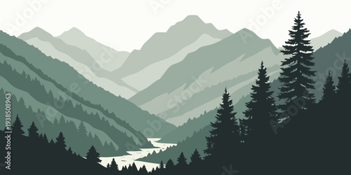 Majestic mountain range with dense forest and a winding river valley Vector