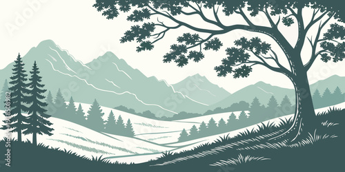 A serene winter landscape with a cozy cabin nestled among tall pine trees Vector