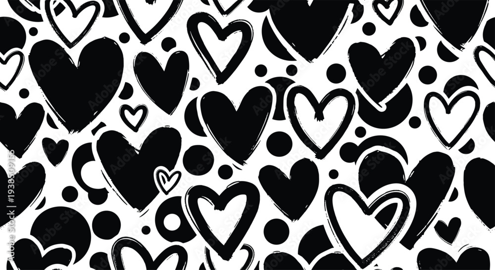 Fototapeta premium Black and white hand drawn heart pattern vector
