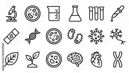 Comprehensive Science and Biology Icon Set with Lab Equipment, Human Organs, and Microorganisms