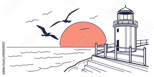 Birds flying over the ocean towards a lighthouse at sunset Vector