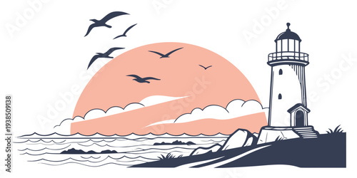 Birds flying over a lighthouse during sunset with a calm sea in the background. Vector