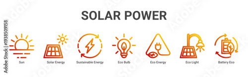 Solar Power web banner icon vector illustration featuring Sun,Solar Energy,Sustainable Energy,Eco Bulb,Eco Energy,Eco Light,and Battery Eco icons promoting renewable electricity solutions.