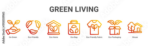 Green Living web banner icon vector illustration with Go Green,Eco Friendly,Eco Home,Eco Bag,Eco Friendly Fabric,Eco Packaging,and House icons supporting sustainable lifestyle choices.