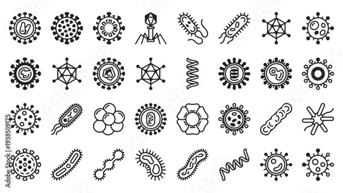 Extensive Collection of Black Outline Virus and Bacteria Icons for Microbiology and Health