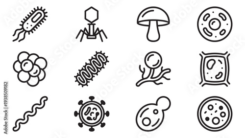 Biological and Microbiological Research Icons Set with Bacteria, Viruses, and Laboratory Elements