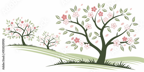 Two cherry blossom trees with pink flowers and green leaves in a natural setting. Vector