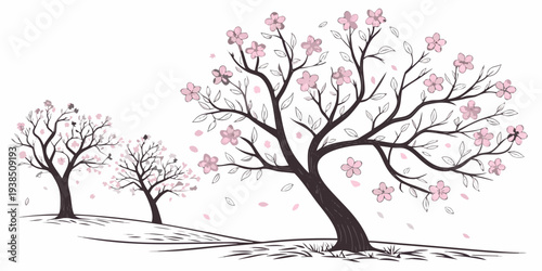 Three bare trees standing in a field with a flock of birds in the sky. Vector