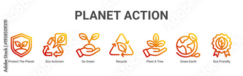 Planet Action web banner icon vector illustration featuring Protect The Planet,Eco Activism,Go Green,Recycle,Plant A Tree,Green Earth,and Eco Friendly icons promoting global action.