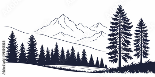 Majestic mountain range with snow-capped peaks and dense pine forest in the foreground Vector