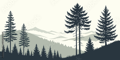 A serene forest landscape with tall trees and a majestic mountain range in the background. Vector