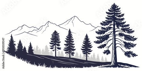 A serene landscape with tall trees and majestic mountains in the background Vector