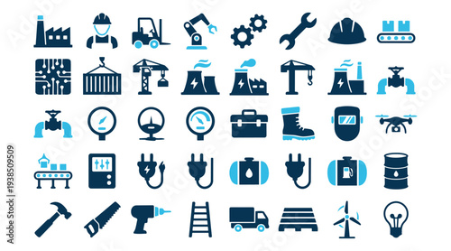 Comprehensive Industrial and Manufacturing Icon Set: Flat Vector Illustrations for Logistics, Engineering, and Production Processes