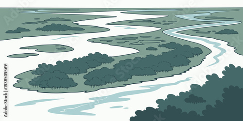 Aerial view of a large, snow-covered golf course with multiple winding paths and greens Vector