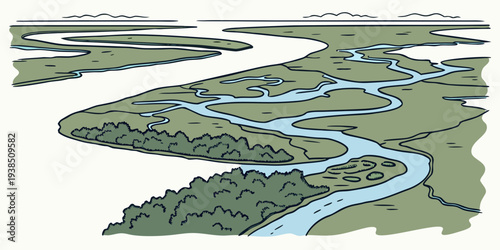 Aerial view of a lush green landscape with winding rivers and scattered islands Vector