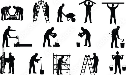 Minimalist manual labor silhouette set featuring trade professionals operating wheelbarrows power tools and scaffolding