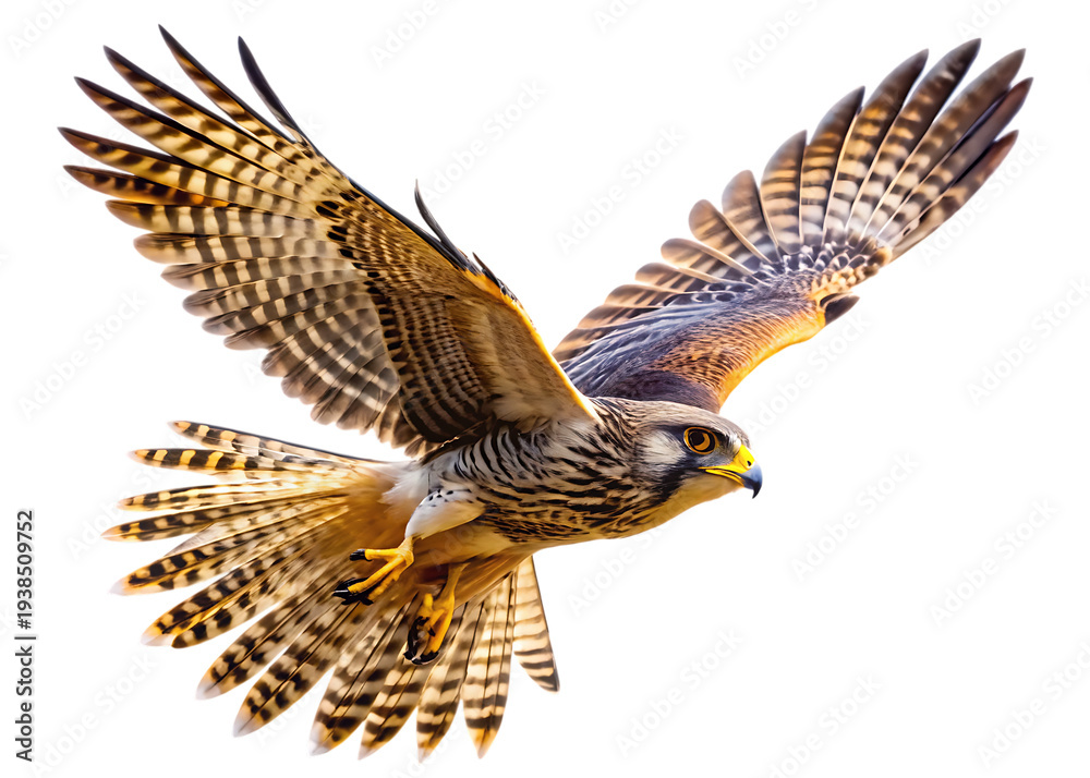 Fototapeta premium Flying falcon with spread wings bird wings spread brown feathers
